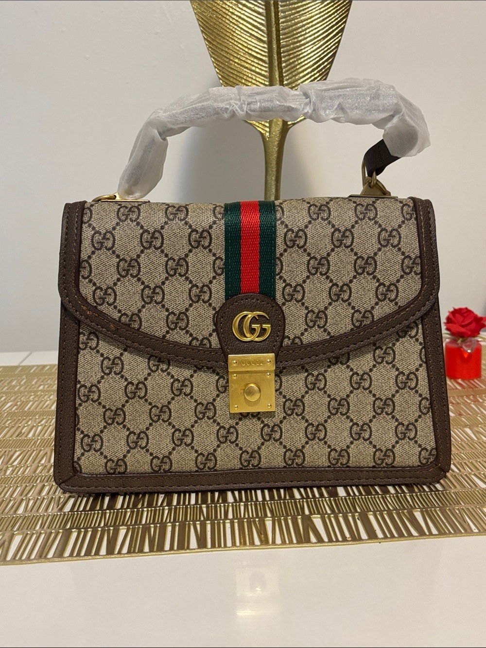 ((Fashion bag )) Brown GG Supreme Top Handle Bag with Green-Red Web